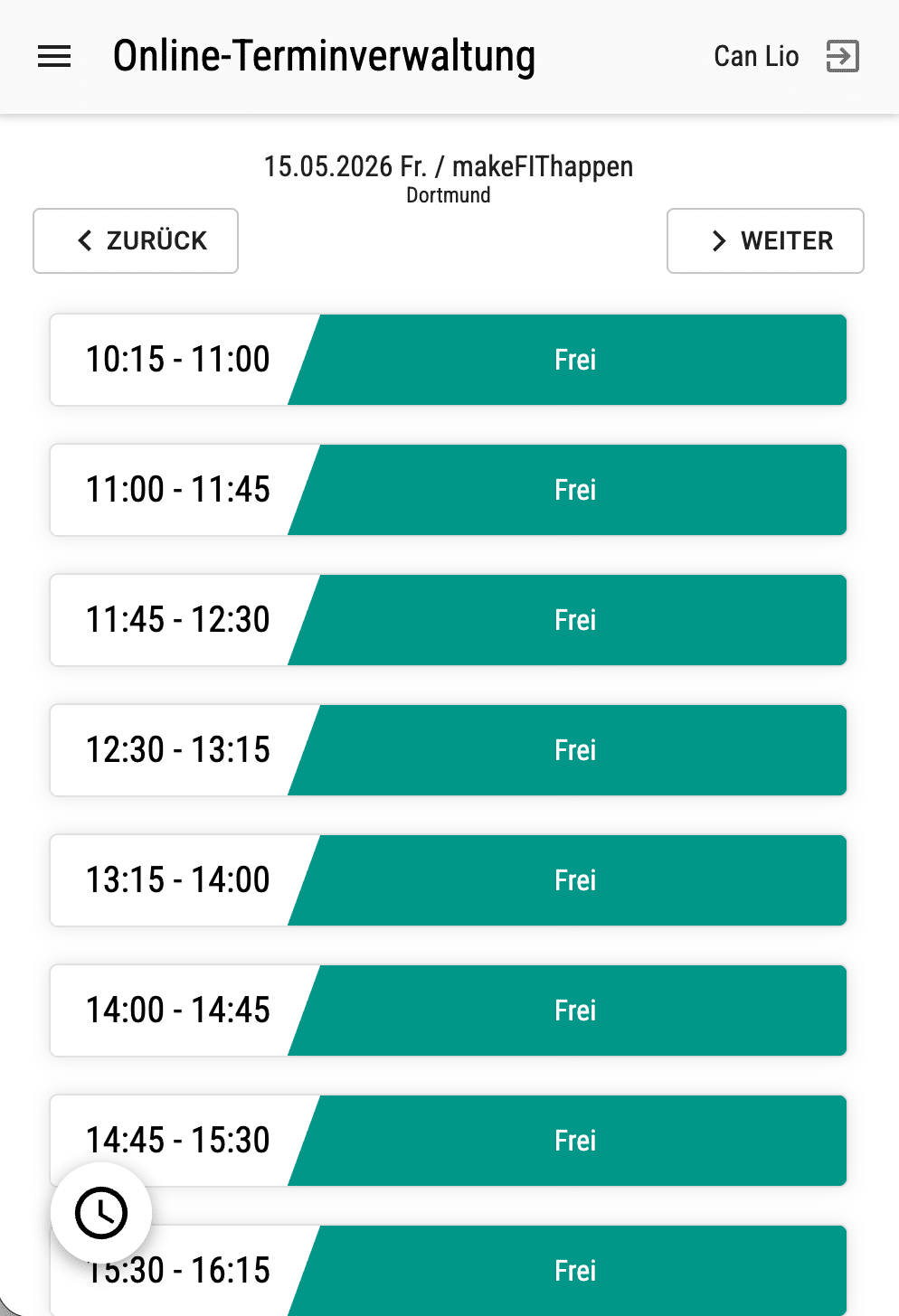 Header shows 'Online-Terminverwaltung' with navigation; page title indicates date and Dortund. A list of available appointment slots labeled 'Frei' from 10:15 to 16:15 with white left blocks and teal right blocks, each in its own row.