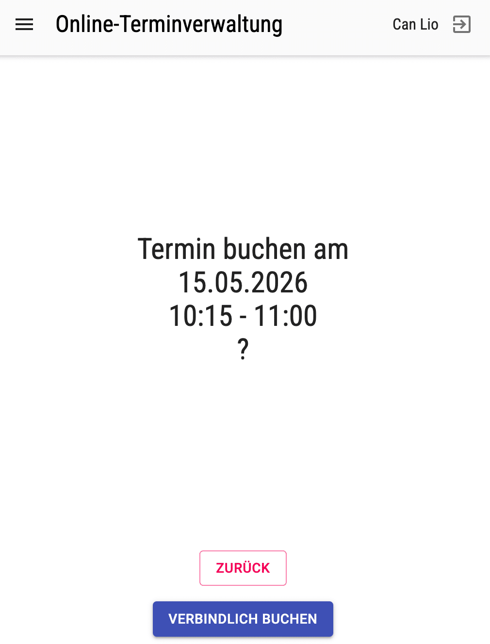 Booking screen showing date 15.05.2026, 10:15–11:00, with a Zurück button and a Verbindlich buchen call-to-action