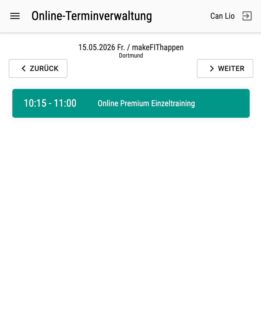 Scheduling screen with date and location; shows a teal event card: 10:15 - 11:00 Online Premium Einzeltraining, 15.05.2026 Fr., Dortmund (Zurück/Weiter buttons).